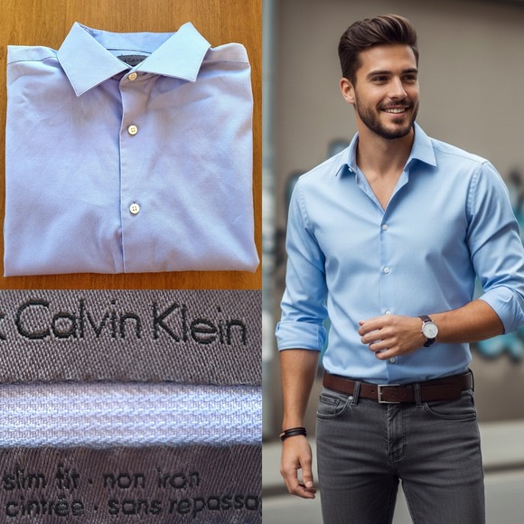 Calvin Klein Other - Calvin Klein light blue Dress Shirt ‎ | No Iron | 100% Cotton | Men M | Slim Fit